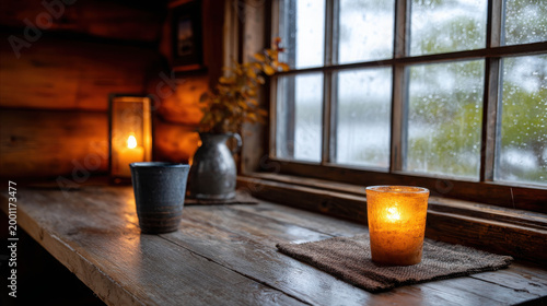 Cozy indoor window scene featuring a candle, a mug, and a vase, creating a sense of warmth and tranquility. The window reveals a blurred outdoor view with rain, enhancing the cozy atmosphere