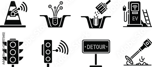 Modern traffic and road maintenance icons set Vector
