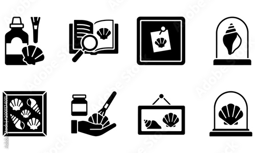 collection of shell icons in various frames and on hand with bottle and brushes  marine life symbols