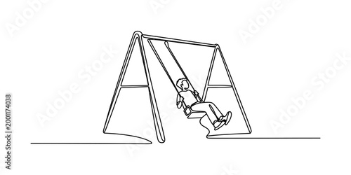 Continuous line drawing of a person on a swing set, isolated on white background, minimalist art.