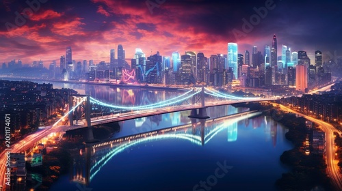 A photo of colorful bridges illuminating a vibrant cityscape