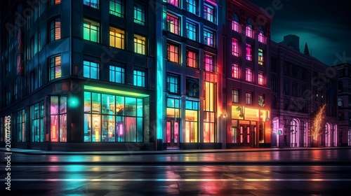 A photo of colorful urban architecture glowing at night.