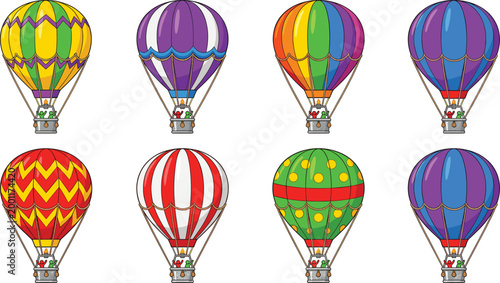 Cute Cartoon Colorful Hot Air Balloon Collection Set with Various Patterns and Colors Including Stripes Zigzag and Dots Vector Illustration on White Background