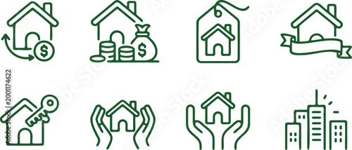 Collection of dark green outline representing real estate and property themes featuring house shapes money bags keys and urban building silhouettes