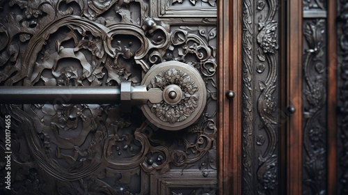 A photo of delicate filigree work on a door