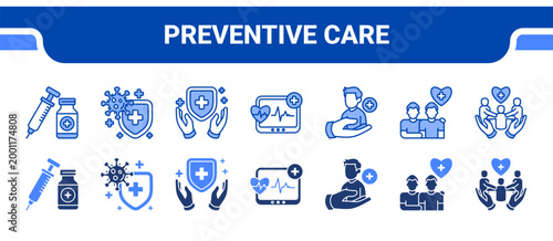 Foto Preventive Care Icon Collection,  featuring Vaccination, Virus Protect, Health Protect, Monitoring, Healthcare Assist, Health Support, Community Care