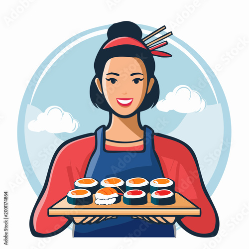 Woman Holding a Tray of Sushi