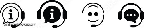 Customer support headset with information and chat bubble symbols for help desk and communication services in a flat black style