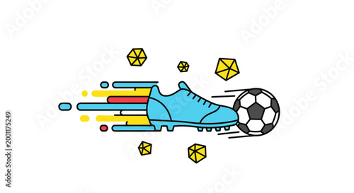 Dynamic Blue Soccer Cleat Kicking a Ball with Motion Trails.