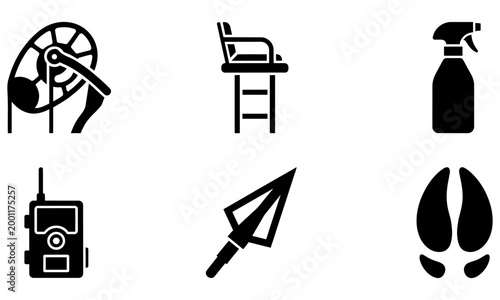 Collection of various black silhouette icons on white background including wheelbarrow chair spray bottle walkie talkie paper airplane and lung