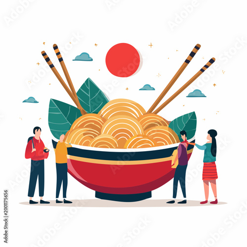 ラーメン店に行列を作る人々のシンプルなベクターイラスト