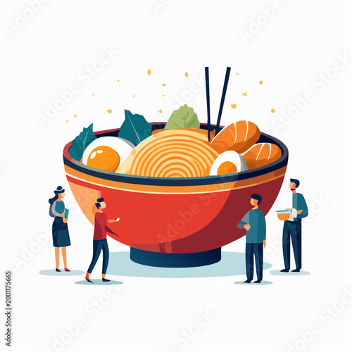 ラーメン店に行列を作る人々のシンプルなベクターイラスト