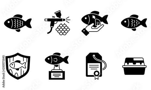 Fish seafood icons with various symbols and objects  fish sprayed with pesticide and served on hand or on plate with shield and certificate