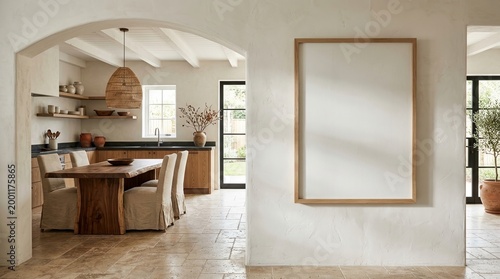 mockup frame interior kitchen dining room minimalist mediterranean style with vertical blank poster on wall, rustic wood furniture, and elegant wabi-sabi japandi architectural design.