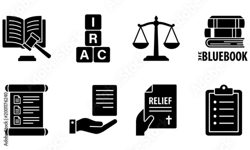 law and justice icons including scales of justice and legal documents and relief