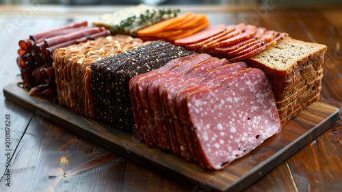 Variety of sliced deli meats, sausages, crackers, and bread lined up on a wooden tray, ideal for buffet promotions, party planning visuals, or food packaging designs.