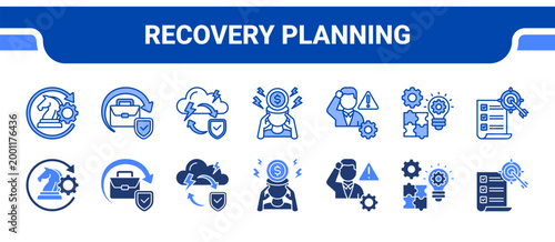 Recovery Planning Icon Collection,  featuring Recovery Strategy, Business Continuity, Disaster Recovery, Financial Stress, Management Crisis, Problem Solution, Strategy.