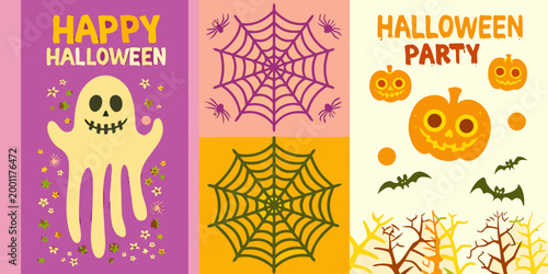 halloween themed cartoon posters with ghost pumpkins and spiderwebs