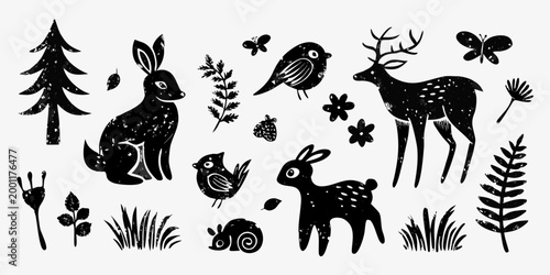 black woodland creature silhouettes on white background