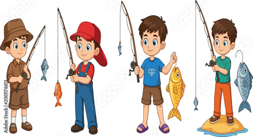 Cartoon boys standing with fishing rods and big caught fish wearing casual outfits in colorful flat vector illustration set