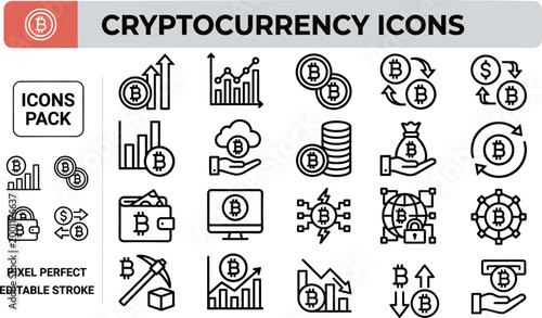 Cryptocurrency vector outline icon set for blockchain finance dashboards, exchange apps and digital wallet screens