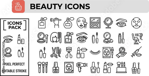 Beauty vector outline icon set for cosmetics branding, salon menus and skincare app layouts