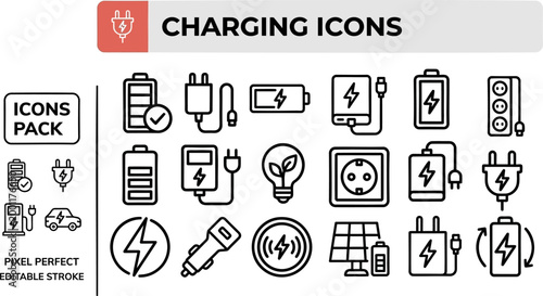Charging vector outline icon set for electric power products, battery apps and energy dashboards