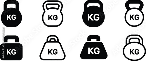 Set of kettlebell and weight plate featuring various shapes and styles for fitness and gym equipment projects in black and white