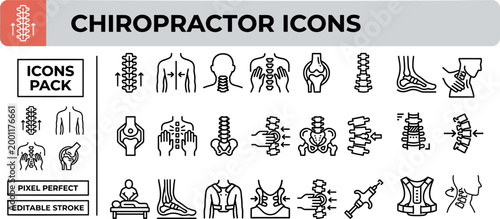 Chiropractor vector outline icon set for spine therapy clinics, posture guides and wellness brochures