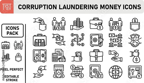 Corruption laundering money vector outline icon set for financial crime reports and compliance infographics