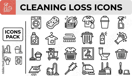 Cleaning service vector outline icon set for housekeeping supplies, laundry labels and home maintenance layouts