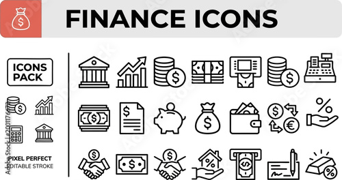 Finance vector outline icon set for banking dashboards budget reports and investment presentation layouts