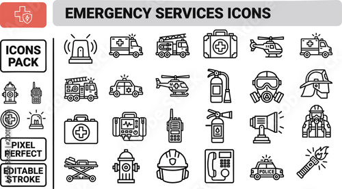Emergency services vector outline icon set for rescue maps, safety posters and public response dashboards