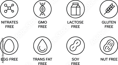 Set of eight black and white circular line representing various dietary restrictions including nitrates gmo lactose gluten egg trans fat soy and nut free labels