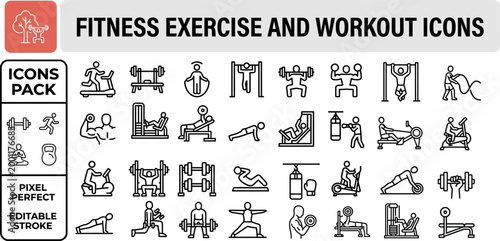 Fitness workout vector outline icon set for gym programs, exercise apps and training plan layouts