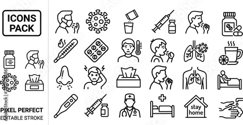 Flu healthcare vector outline icon set for symptom guides, vaccination campaigns and clinic posters