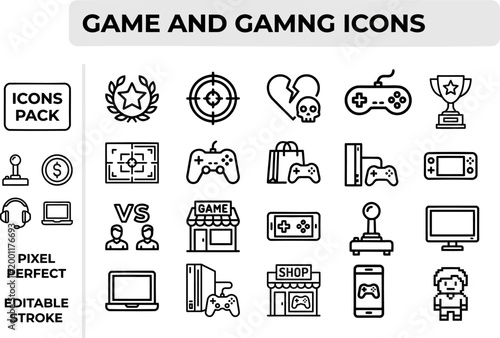Gaming vector outline icon set for esports streams, console apps and entertainment branding assets