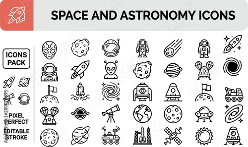 Space astronomy vector outline icon set for science posters, planetarium exhibits and educational worksheets