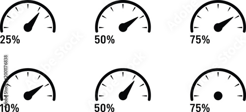 Set of six black speedometer gauge with different percentage indicators for performance tracking and data visualization in digital user interface projects