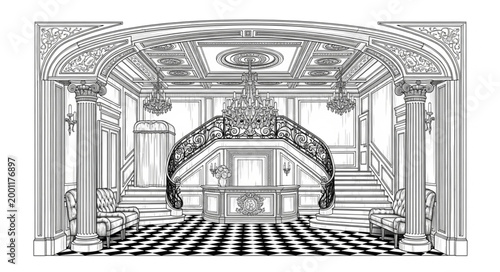 Parisian Luxury Hotel Lobby Black White Vector

