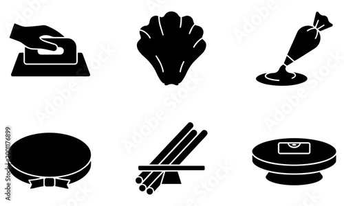 set of six black and white food icons including sushi and chopsticks  various culinary symbols