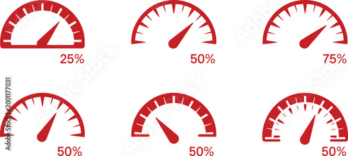 Set of six red speedometer gauge with varying percentage levels for performance monitoring and data visualization in digital dashboard interface projects