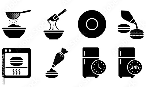 black and white icons of food preparation and cooking  kitchen utensils and appliances