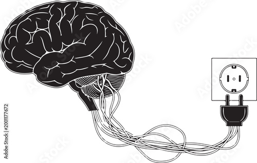 Brain plugged into electrical socket with wires