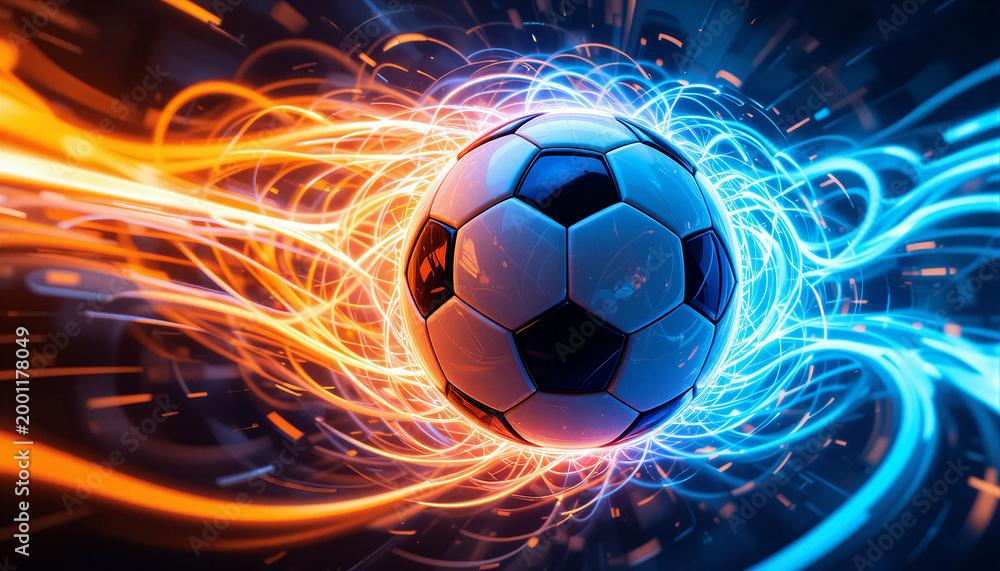 Naklejka premium Dynamic Soccer Ball with Blue and Orange Neon Waves and Futuristic Glowing Speed Effect 3D Render