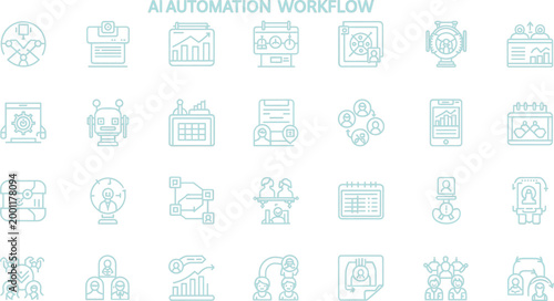 Artificial intelligence automation workflow outline icon set illustrating machine learning process integration monitoring deployment optimization stages minimal vector collection