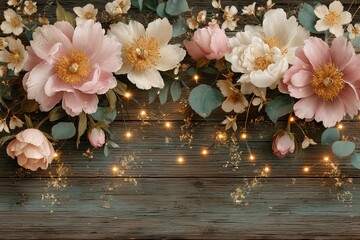 Romantic wooden background decorated with delicate pink roses and glowing fairy lights, creating a warm golden bokeh effect for holiday celebration.
