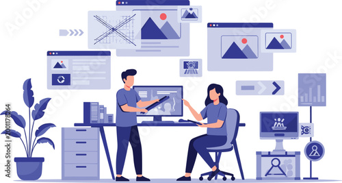 Creative team collaborating on digital interface design workspace with image editing screens software development process professional vector illustration