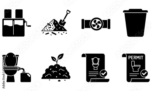 black and white icons of waste management and recycling symbols on white background