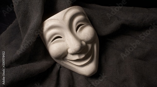 rigid. A single theatrical comedy mask resting on dark, textured fabric. event programs, museum guides, designed for cultural heritage projects and event programs, used by ux designers.
